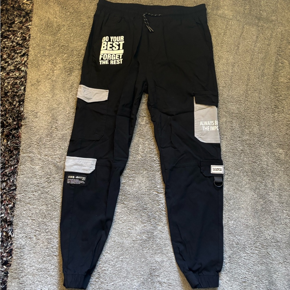 Black and Gray Jogger Pants with Motivational Text